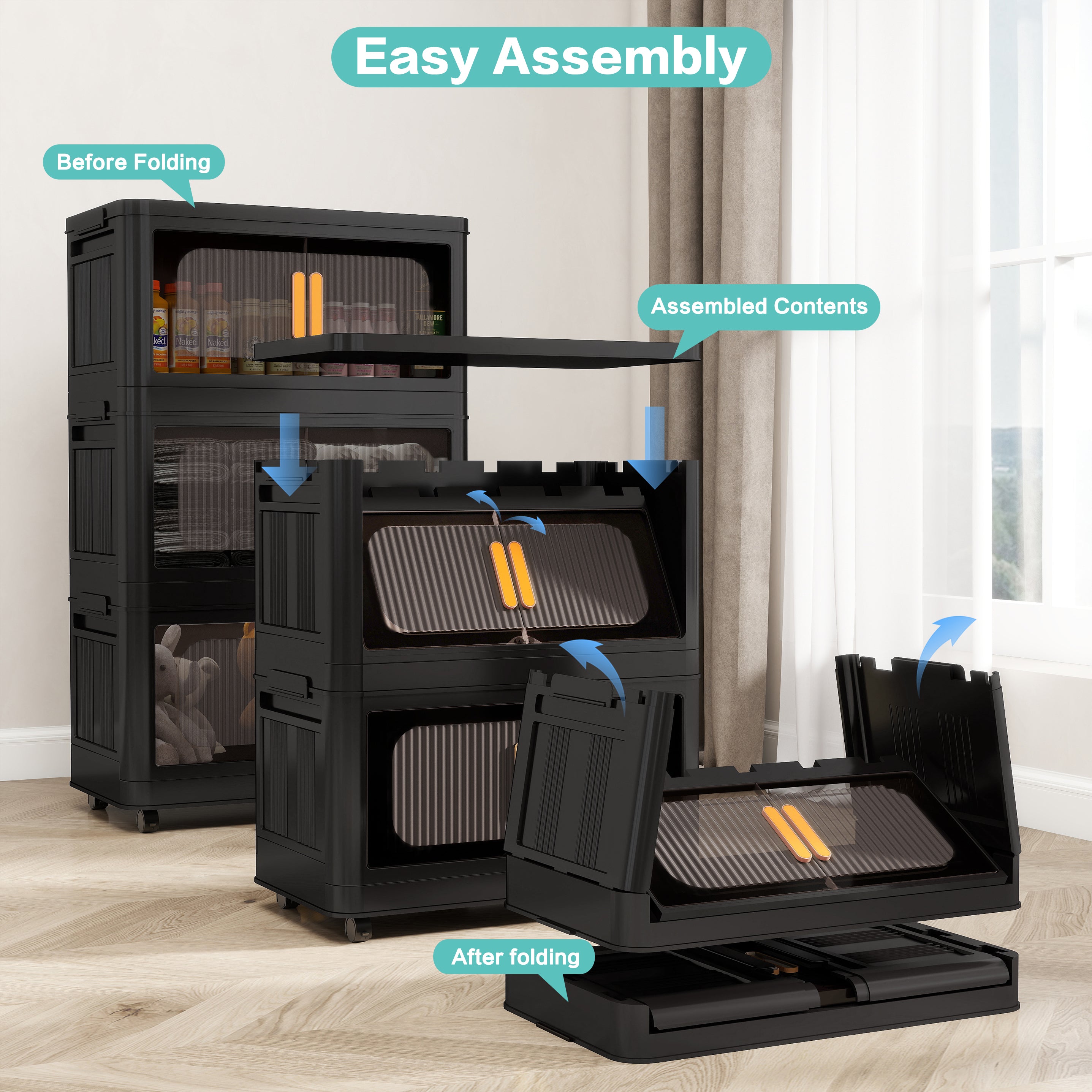 Black 24" Side Wide Folding Storage Cabinet - 5 Tiers