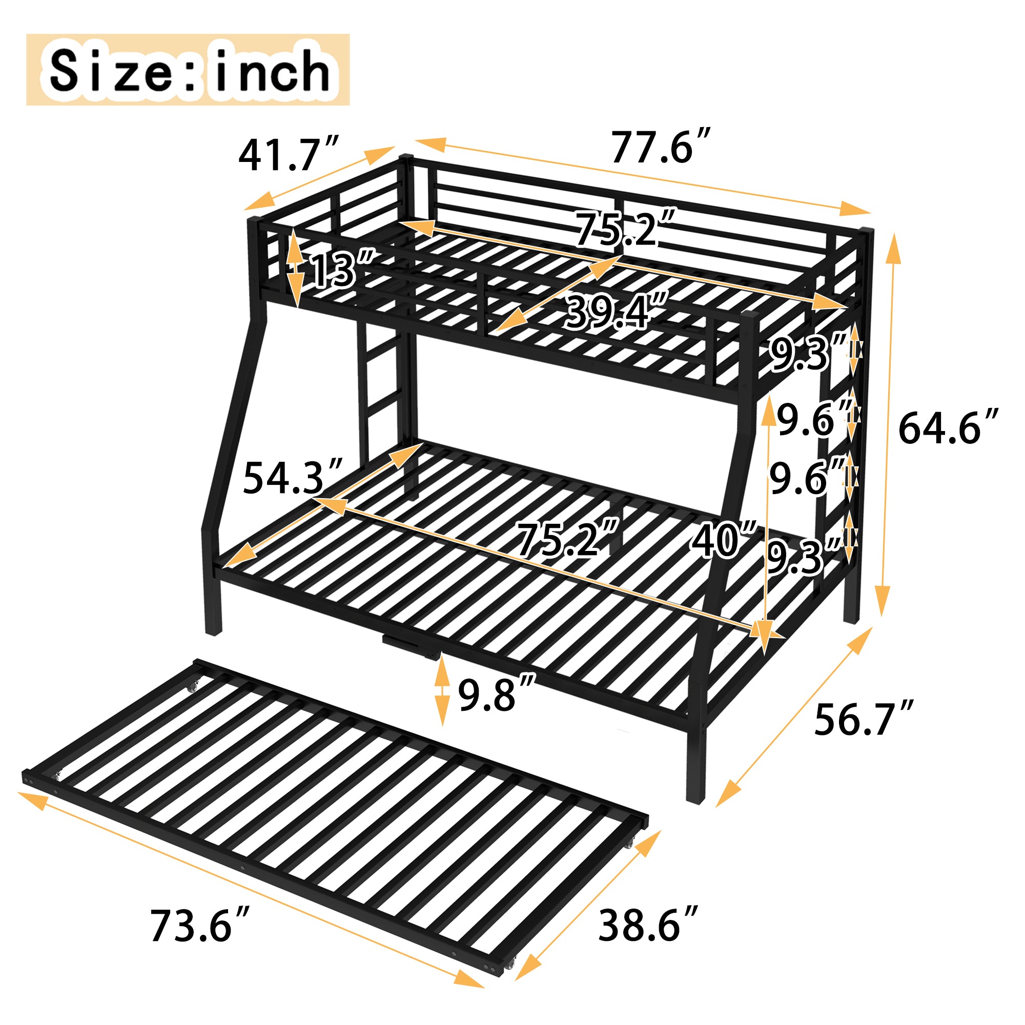 Twin Over Full Metal Bunk Bed with Twin Size Trundle