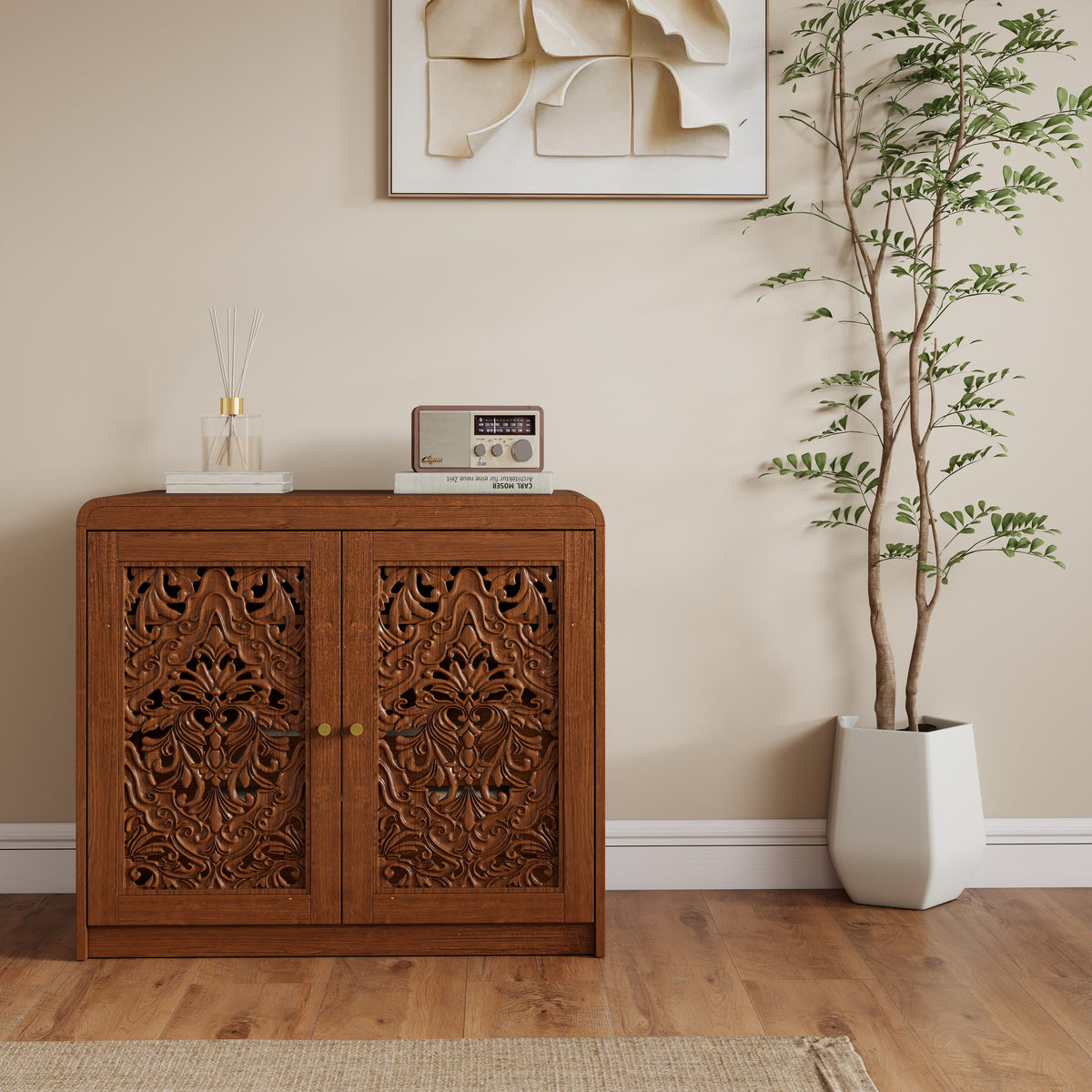 Walnut  Hollow‑Carved Cat Litter Box Enclosure Cabinet, Multi‑Purpose Sideboard with Vent & Large Cat Entry for Living Room & Entryway. Note: Litter box and cat mat not included.