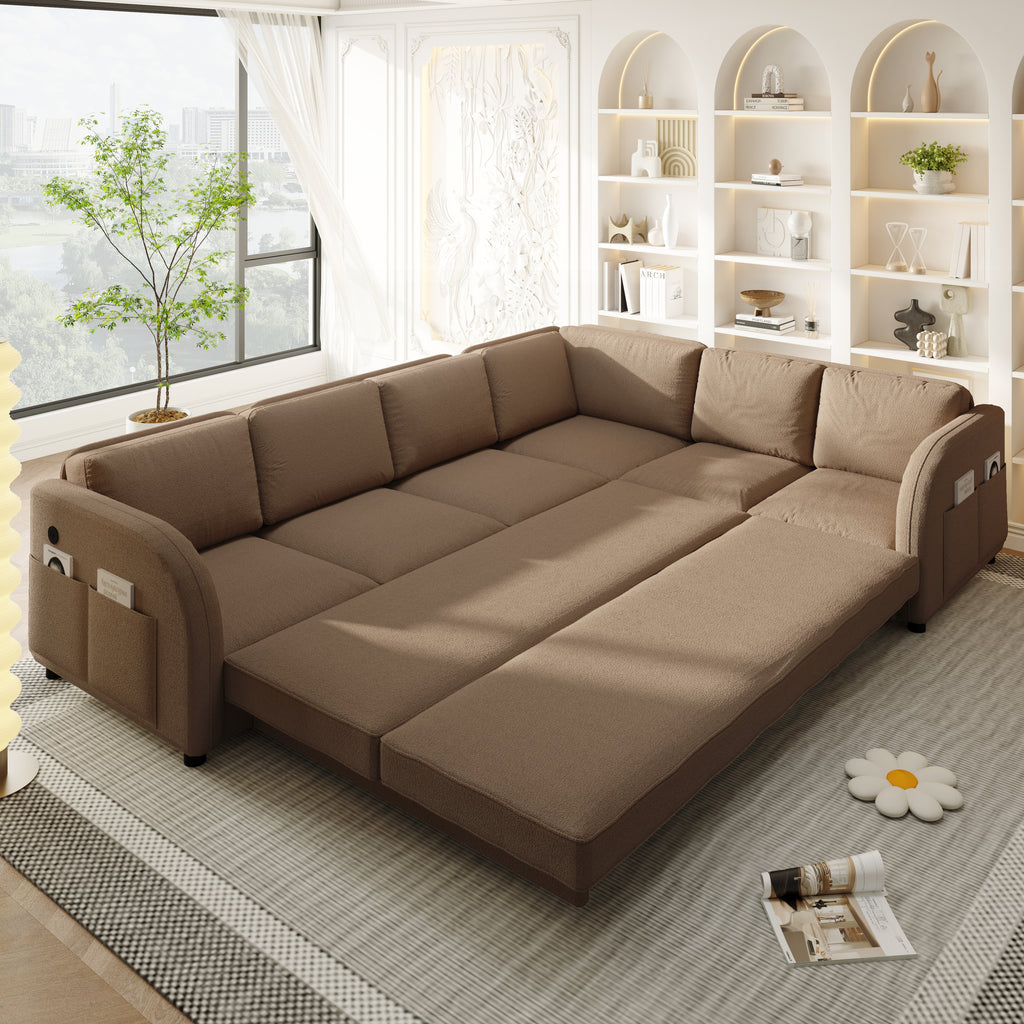 115.2" L-Shaped Pull-Out Bed Sleeper Sofa - Brown