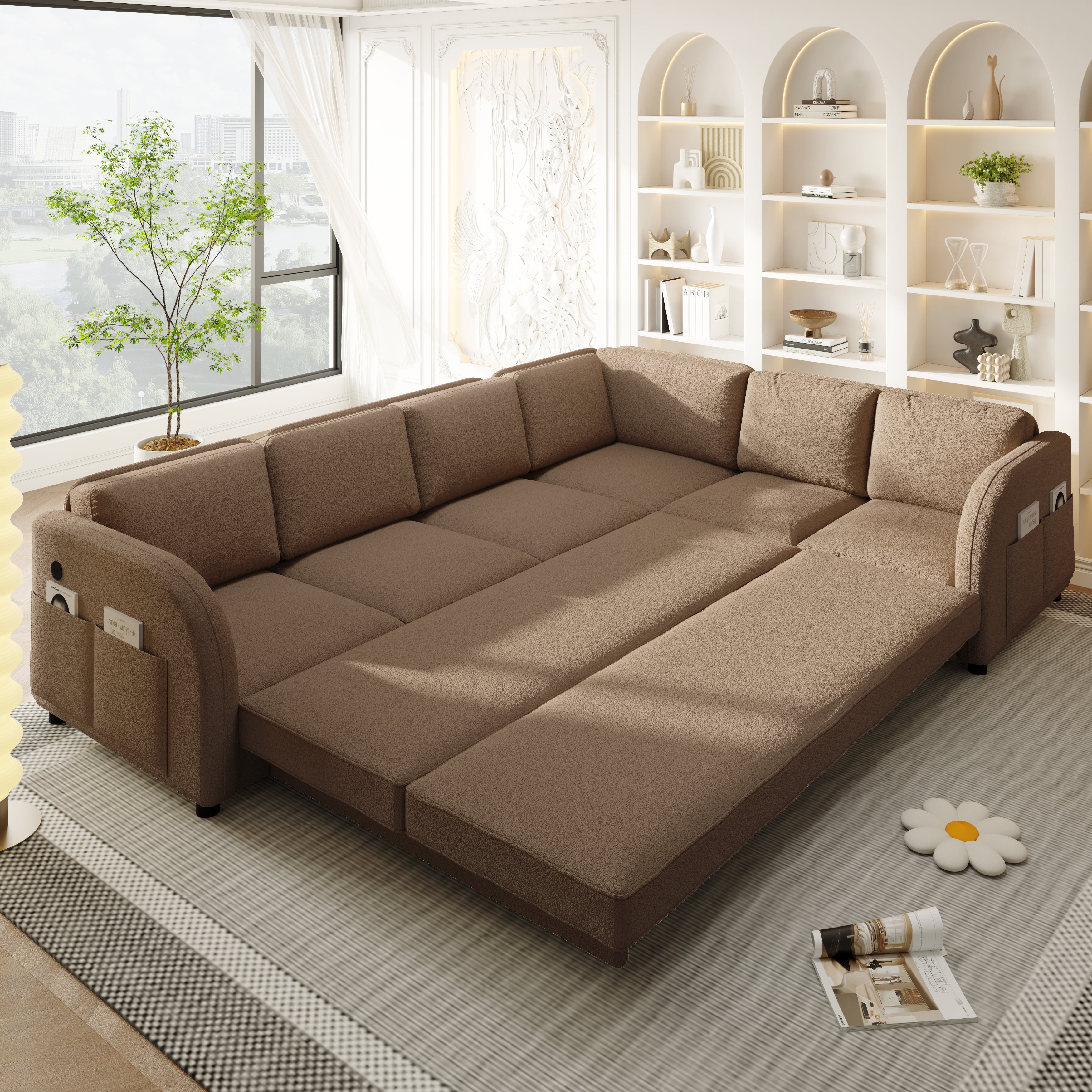 115.2" L-Shaped Pull-Out Bed Sleeper Sofa - Brown