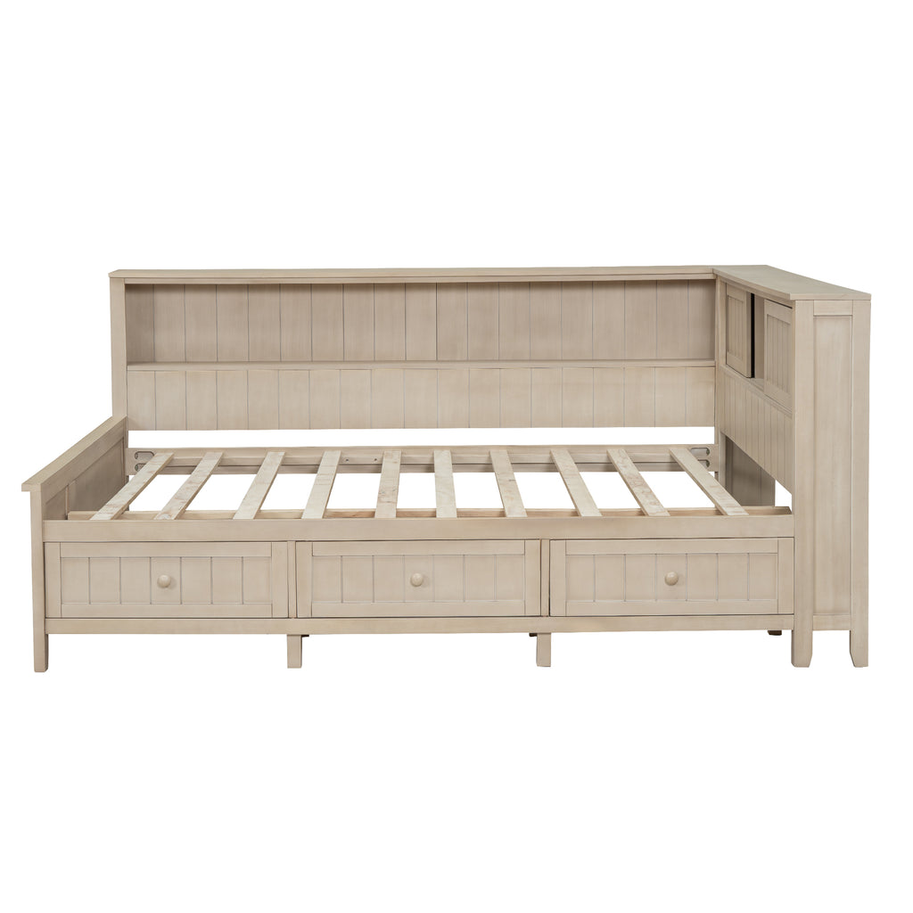 Full Size Wood Daybed with Storage Shelves and 3 Drawers, Antique