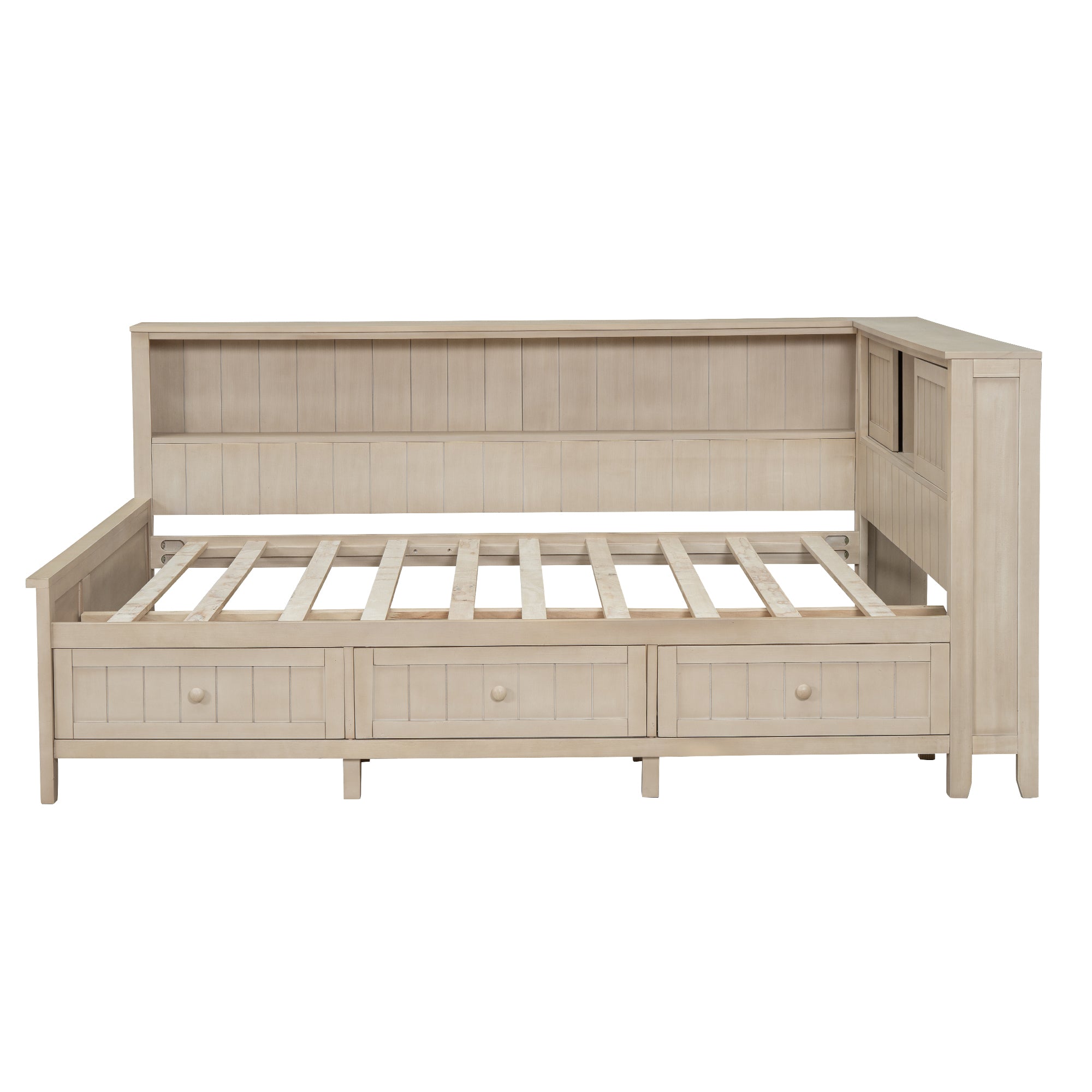 Full Size Wood Daybed with Storage Shelves and 3 Drawers, Antique