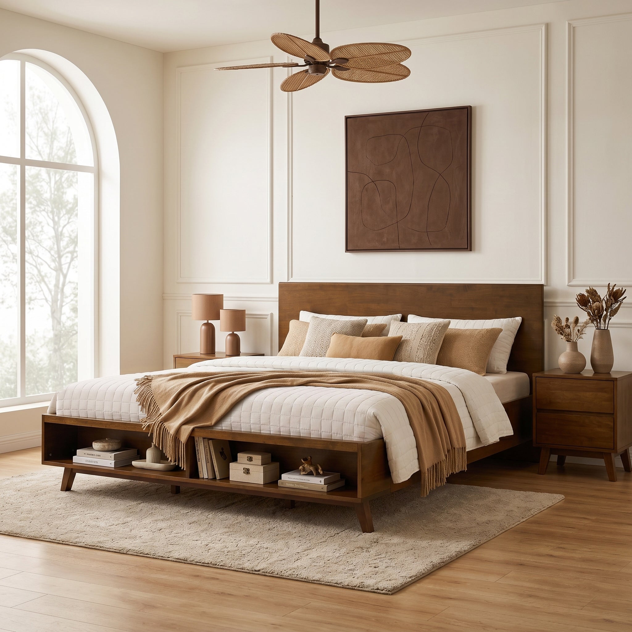 Walnut King Size Platform Bed Frame with Footboard Storage