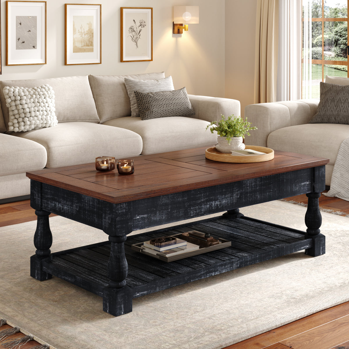 Retro Lift-Top Coffee Table with Hidden Storage and Lower Shelf, Antique Black