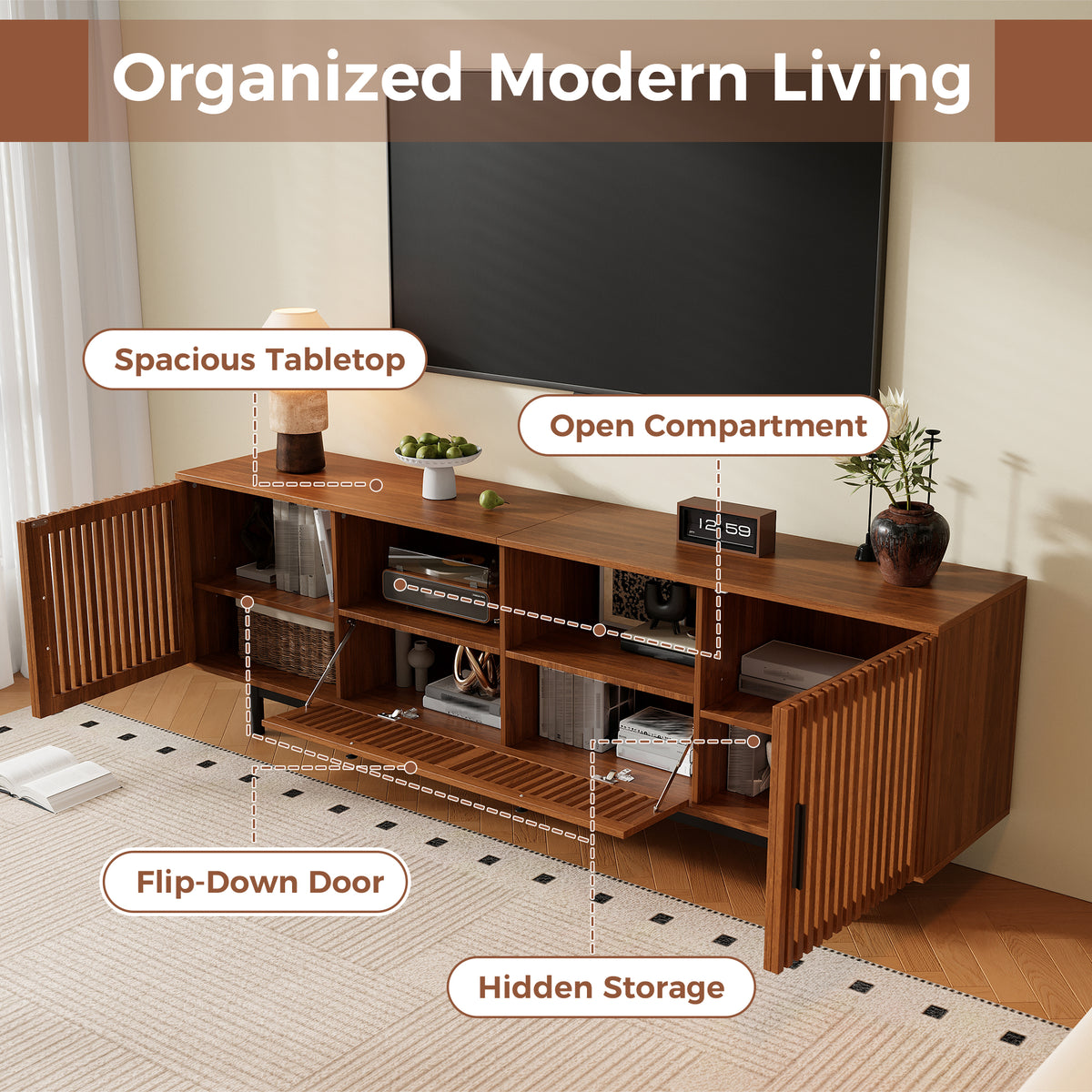 78-Inch Modern TV Stand for TVs up to 85 Inches, Walnut