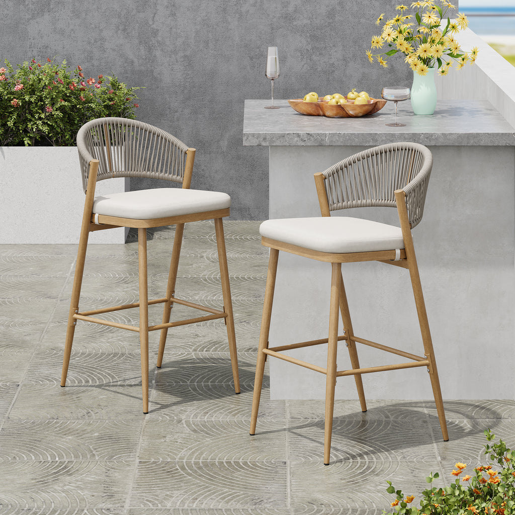 Outdoor 30.25" Seat Height Aluminum Frame Barstools with PE Rattan Backrest
