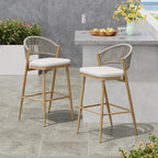 Outdoor 30.25" Seat Height Aluminum Frame Barstools with PE Rattan Backrest