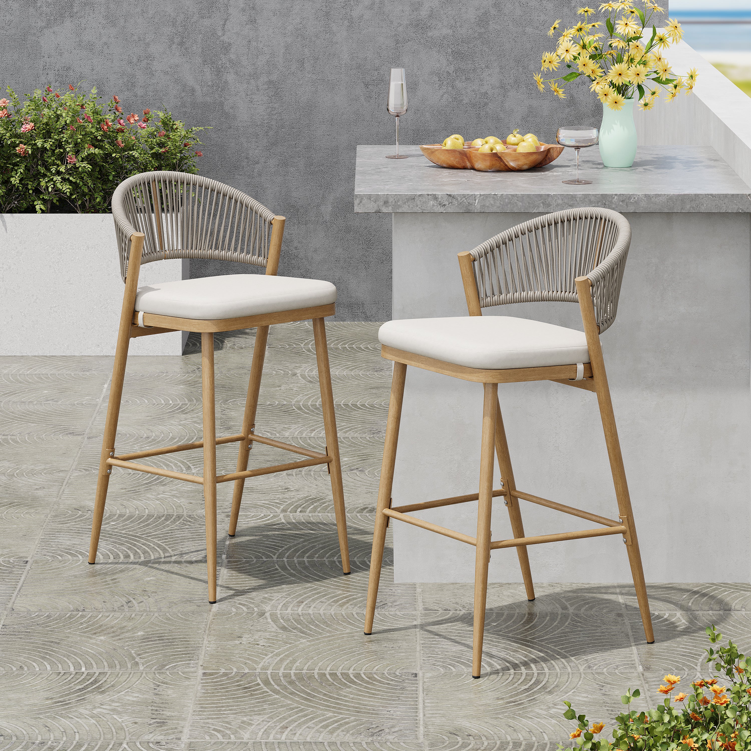 Outdoor 30.25" Seat Height Aluminum Frame Barstools with PE Rattan Backrest
