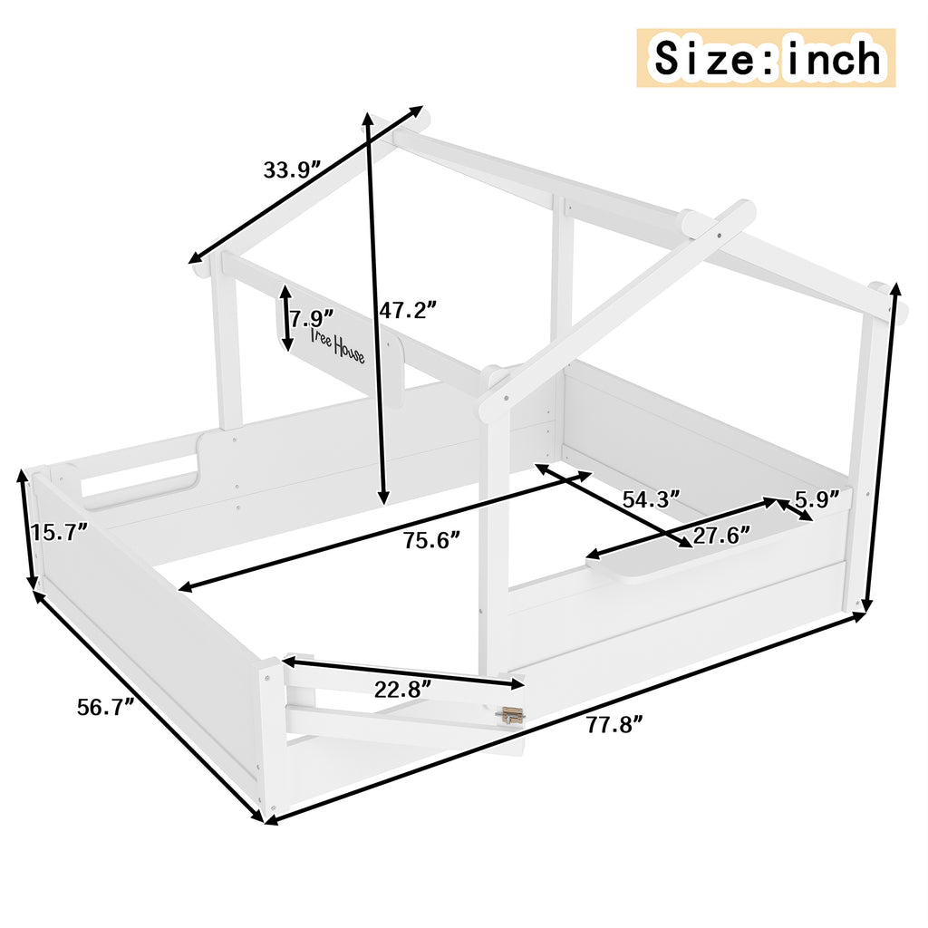 Full Size Floor Bed with Guardrails and Roof for Kids