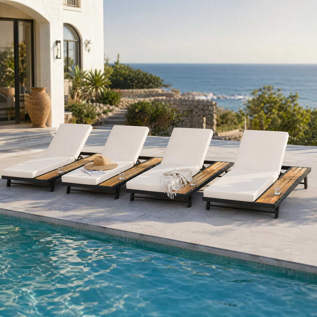 Black Iron + Teak Finish Chaise Lounge Set