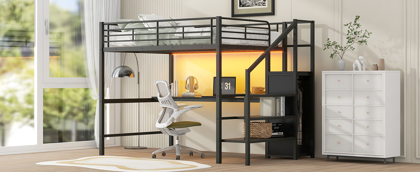 Full Size Metal Loft Bed with Desk, Storage Staircase, Small Wardrobe and LED Light