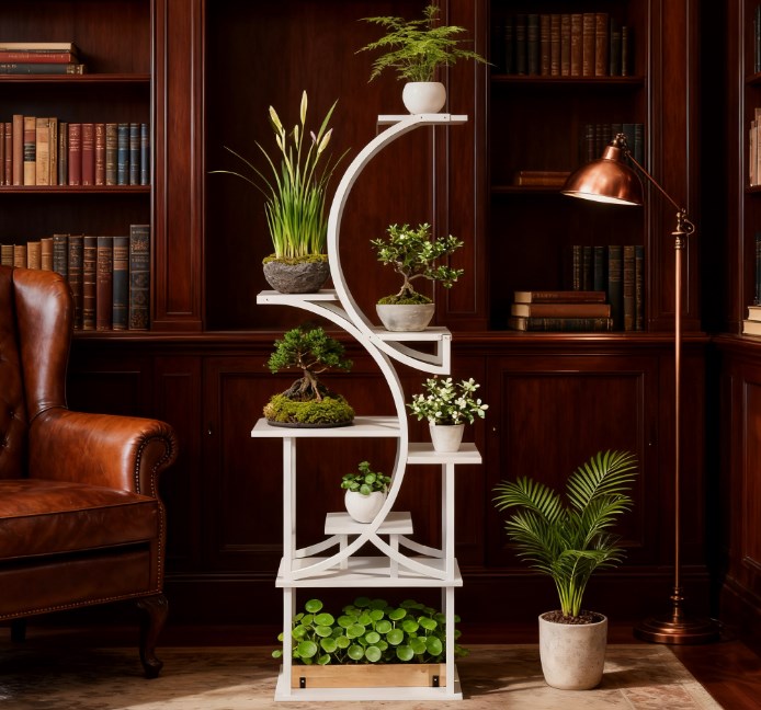 White S-Shaped Plant Stand - 8 Tier Plant Shelf