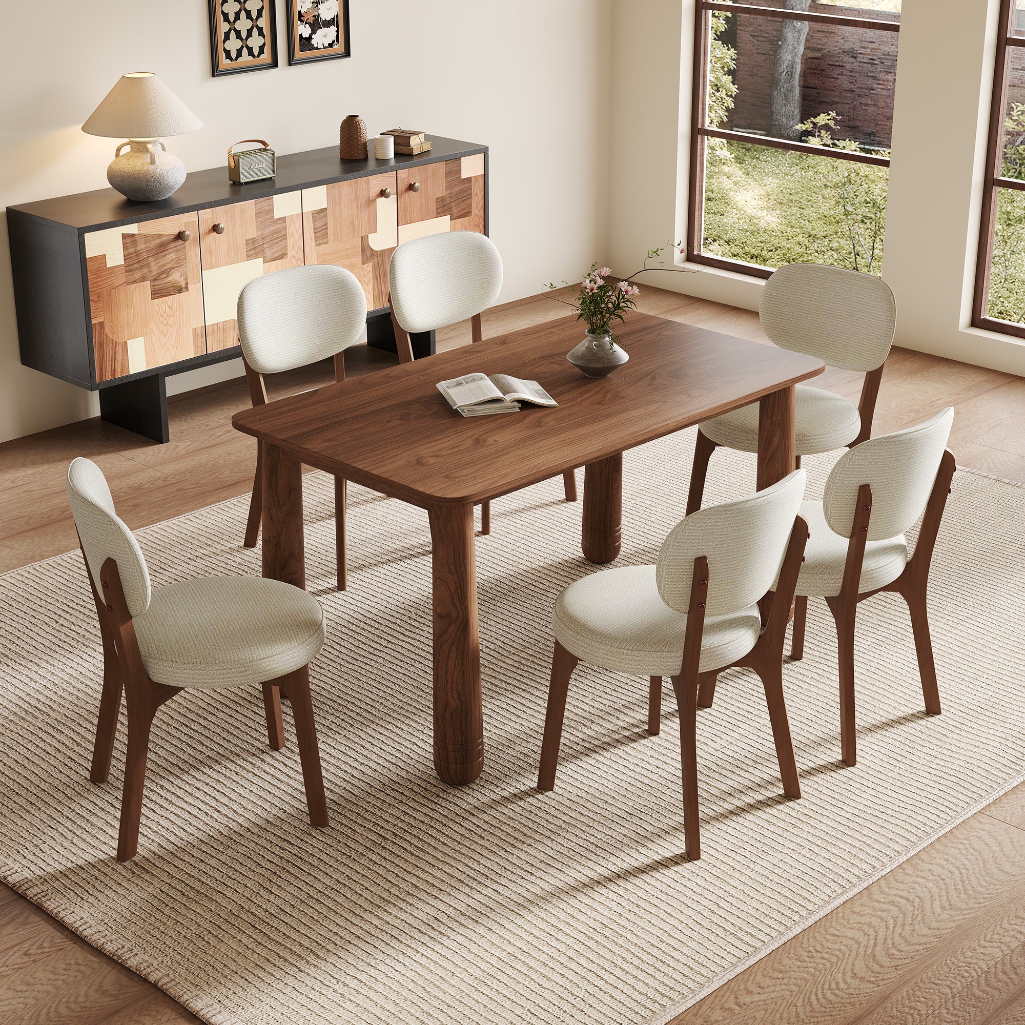 63" Solid Wood Dining Table Set with 4 Upholstered Chairs