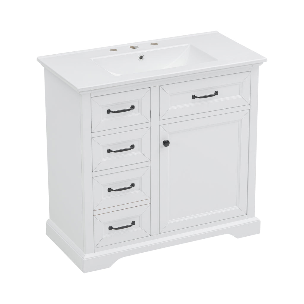 36-Inch Bathroom Vanity with Ceramic Sink Top, 4 Drawers and 1 Soft-Close Door