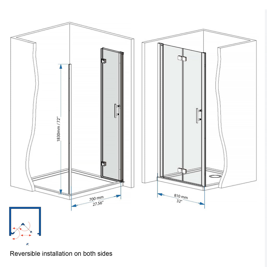 33-32" x 72" Bifold Shower Door with Tempered Glass