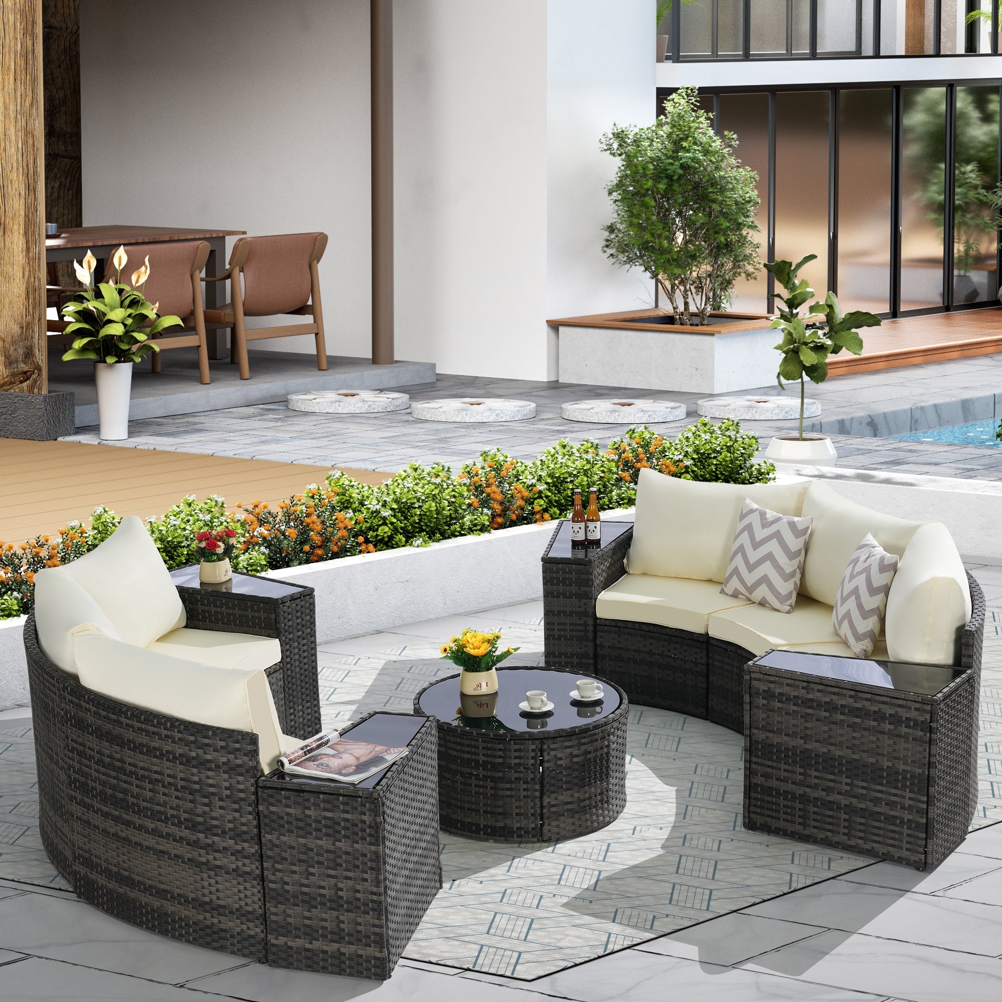 Outdoor Patio Furniture 11-Piece Half-Moon Sectional Round Patio Set Sofa with Tempered Glass Round Coffee Table