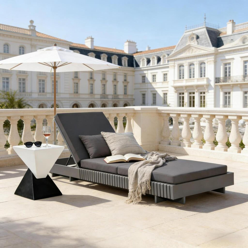 Dark Grey Acacia Wood Outdoor Chaise Lounge with 3-Fold Cushion