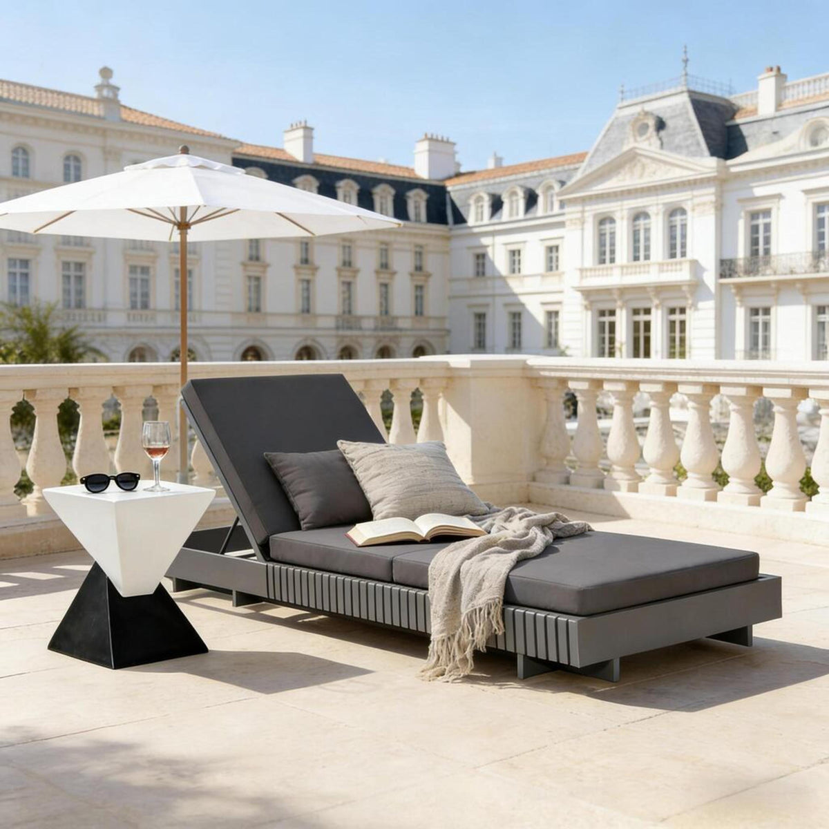 Dark Grey Acacia Wood Outdoor Chaise Lounge with 3-Fold Cushion