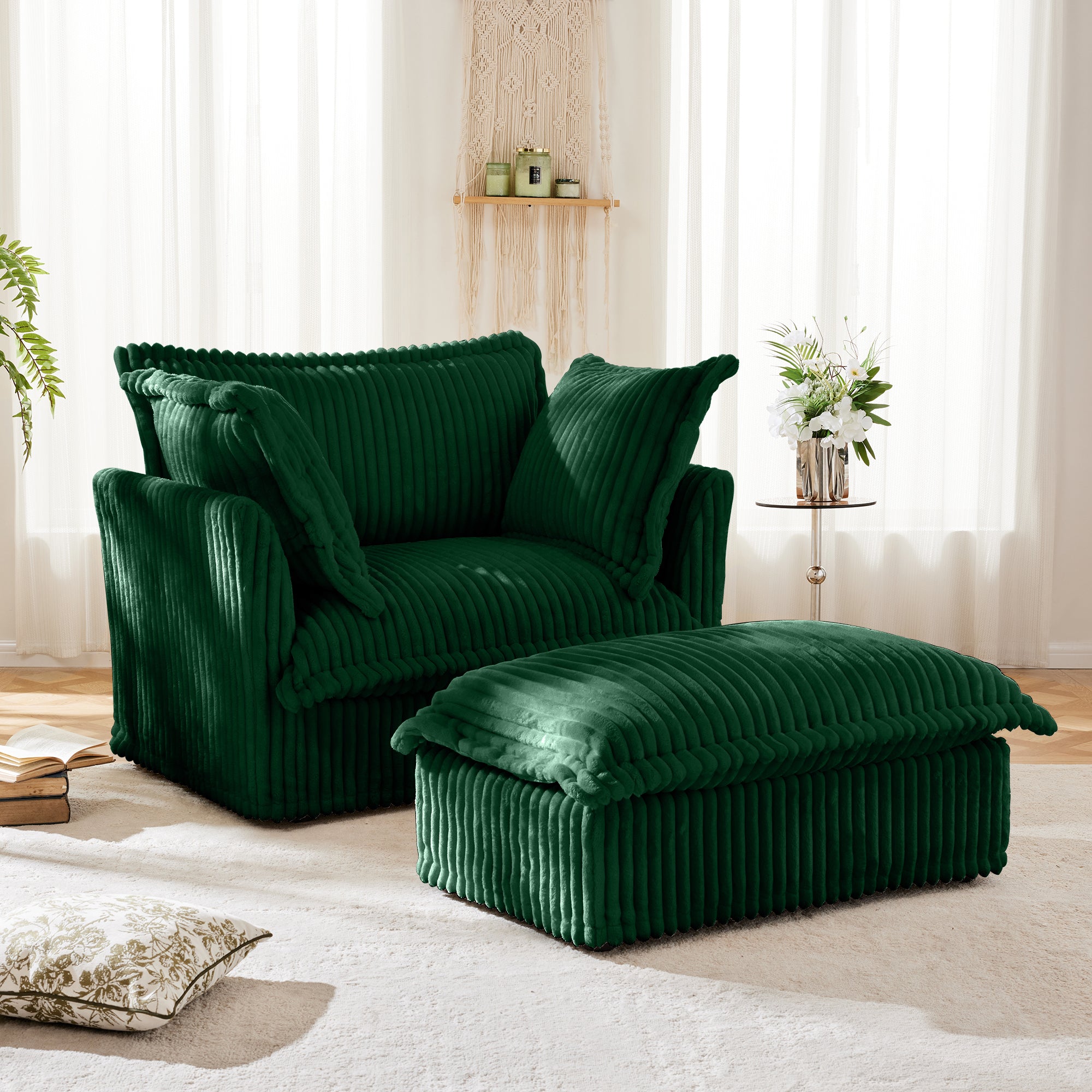 Upholstered Slipcovered Armchair with Ottoman Set of 2
