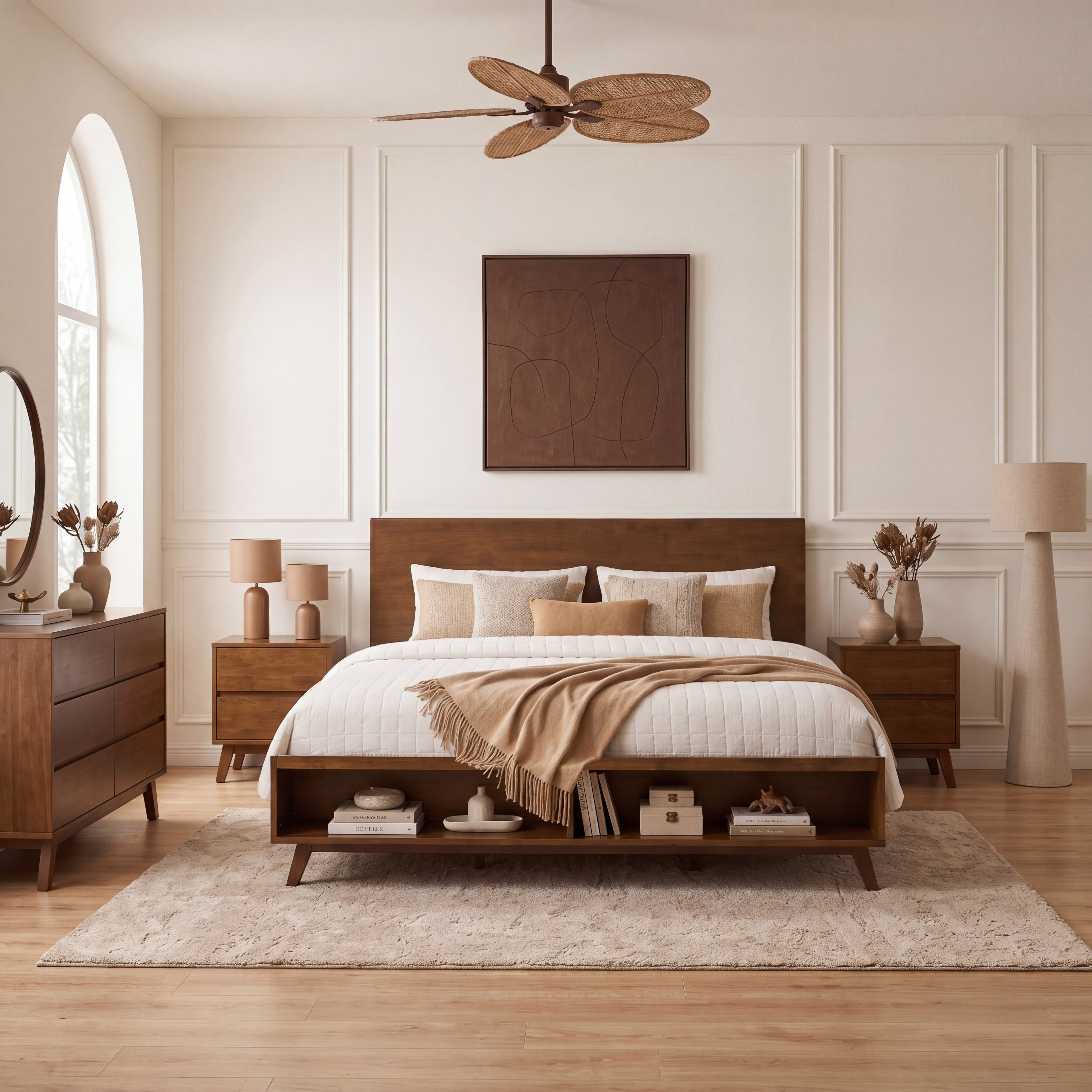 Walnut King Size Platform Bed Frame with Footboard Storage