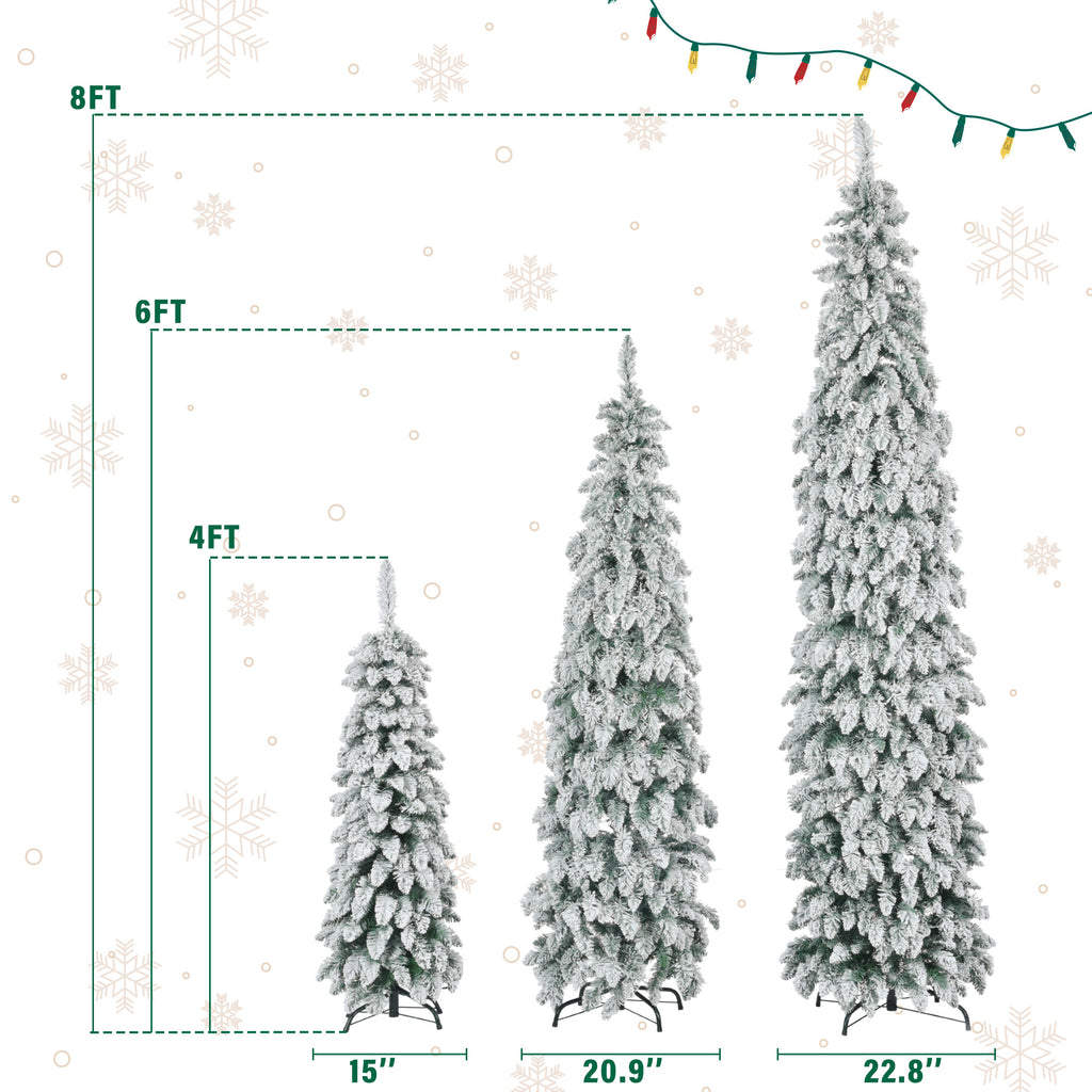 Pre-Lit Pencil Christmas Tree 3-Set, 4FT 6FT 8FT, Snow-Flocked, 290 LED Lights, 11 Modes