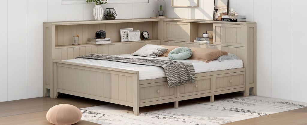 Full Size Wood Daybed with Storage Shelves and 3 Drawers, Antique