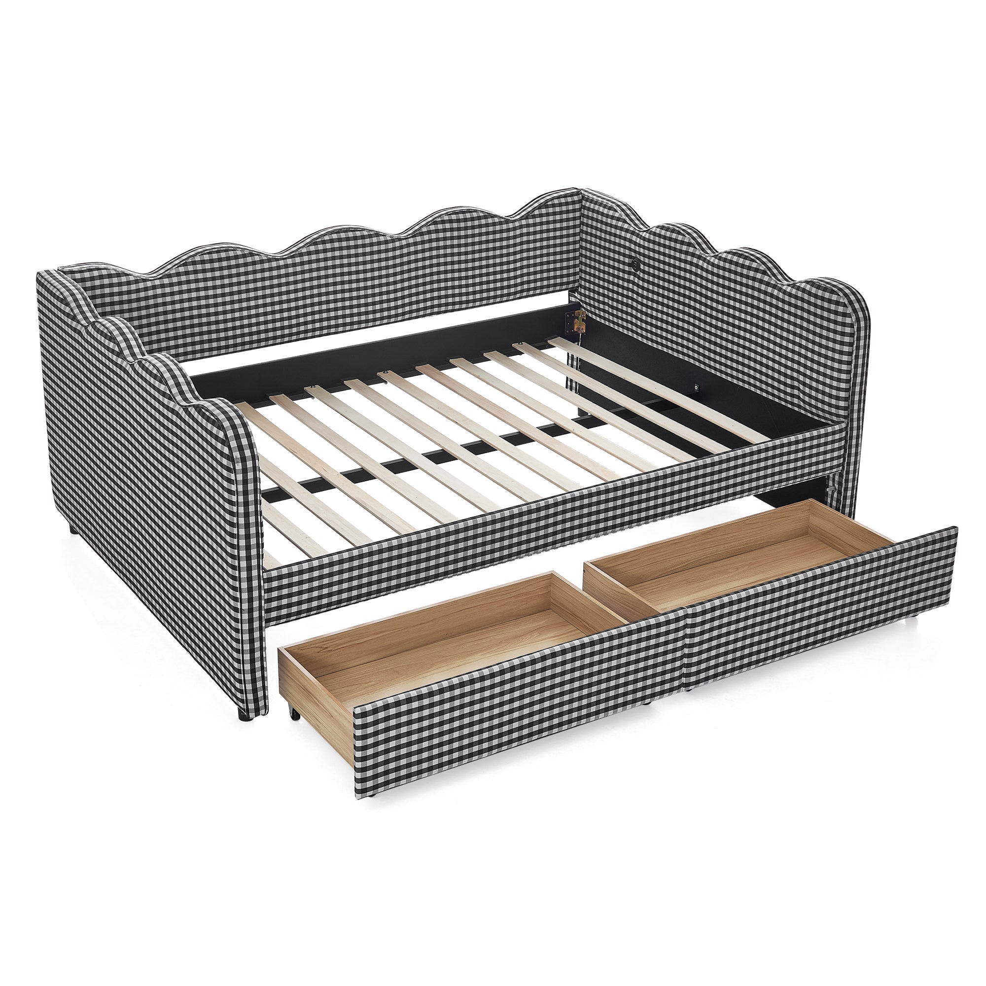 Full Size Cozy Gingham Daybed with Two Storage Drawers and USB Port