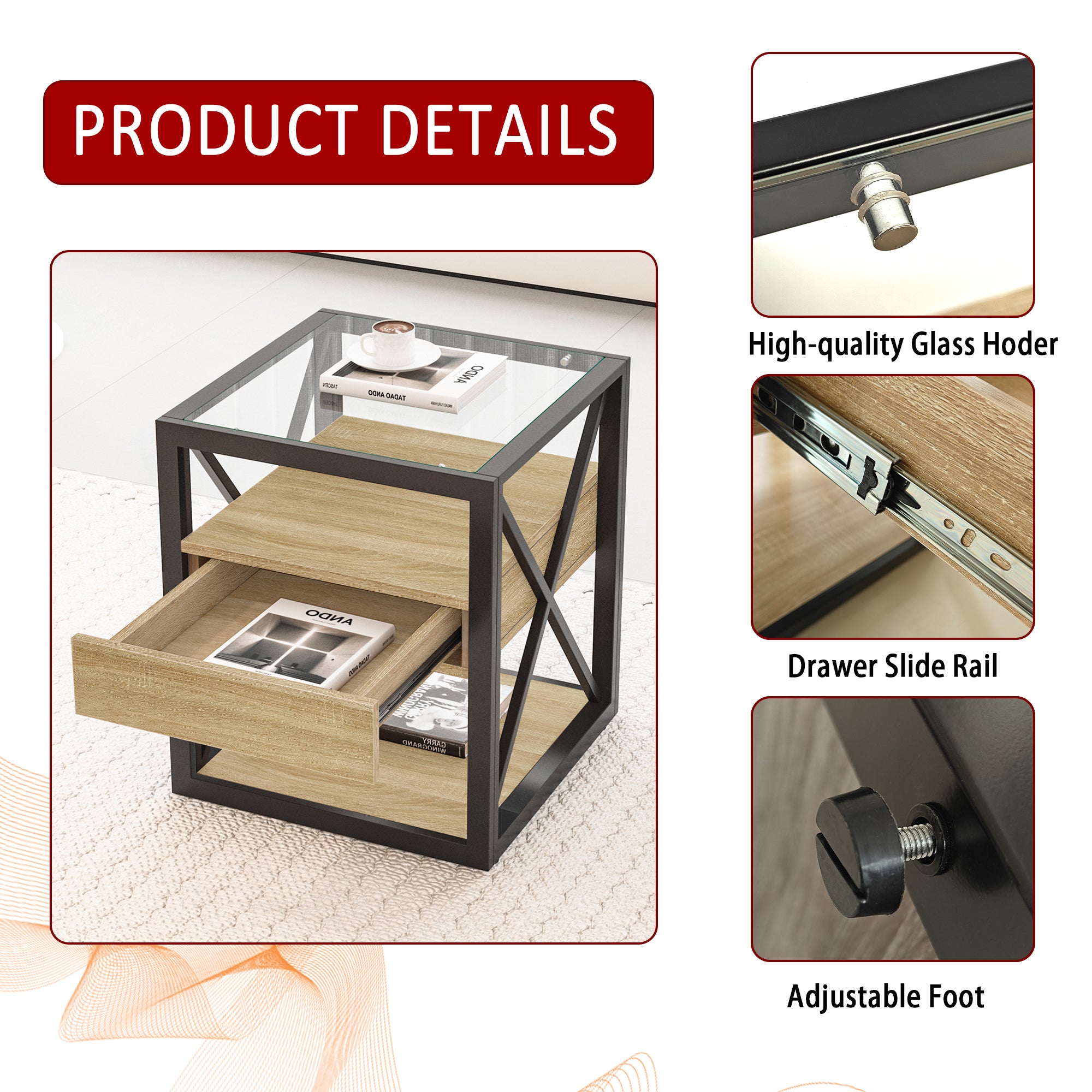 Modern End Table with Drawer - Nightstand for Bedroom & Living Room