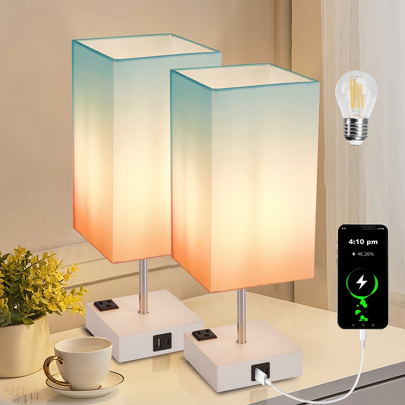 Touch Table Lamp with USB & Outlet – Modern Fabric Shade Bedside Light for Bedroom