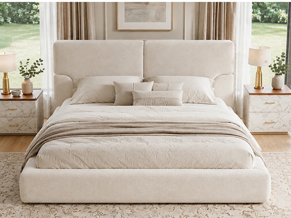 King Platform Bed Frame with Padded Textured Fabric Headboard, Modern Low Profile Metal Foundation, No Box Spring Required, Sturdy Reinforced Iron Frame, Quick Assembly, Squeak Free