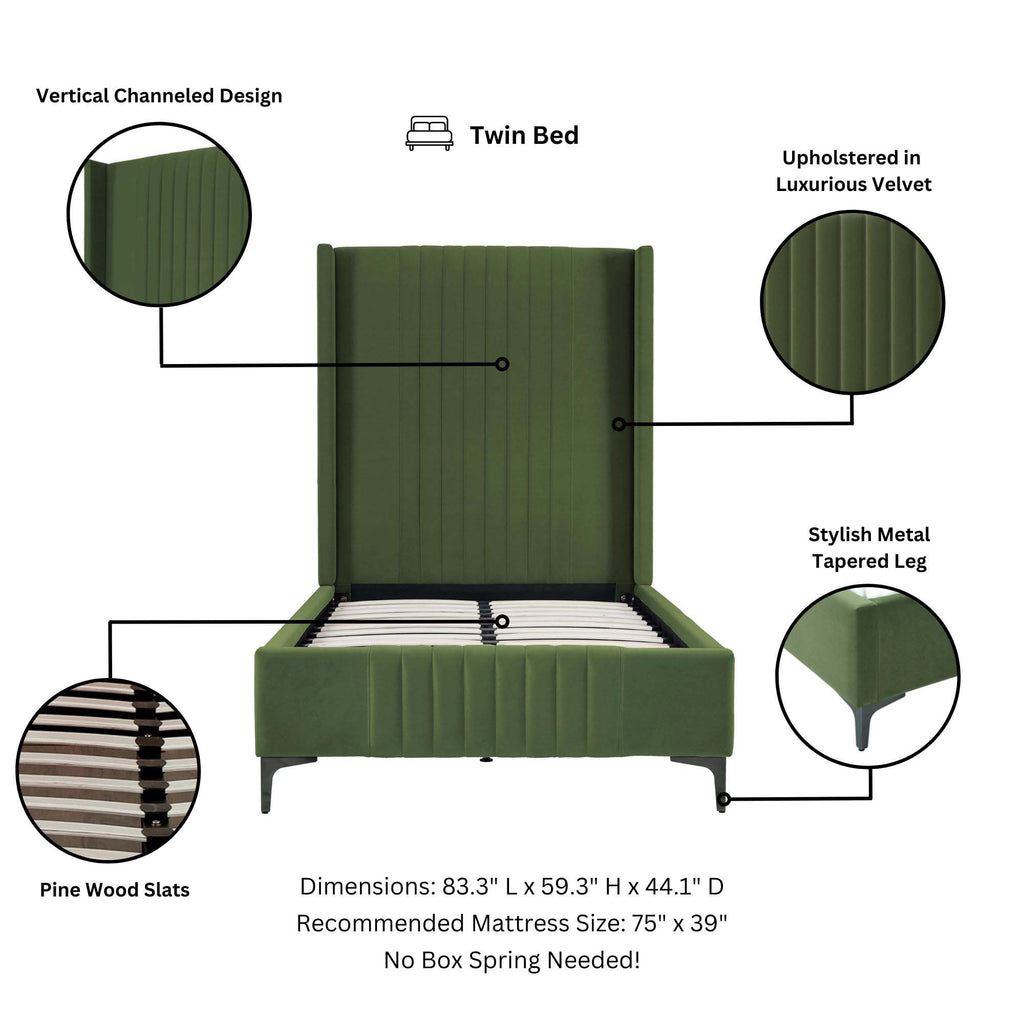 Promenade Upholstered Velvet Twin Bed in Moss