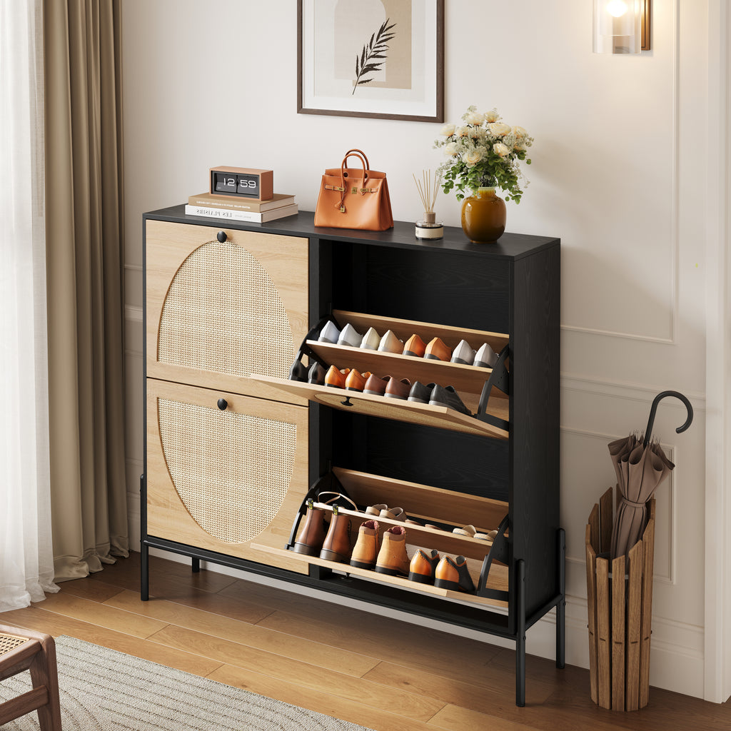 Space-Saving Rattan Shoe Cabinet with 4 Flip-Down Doors