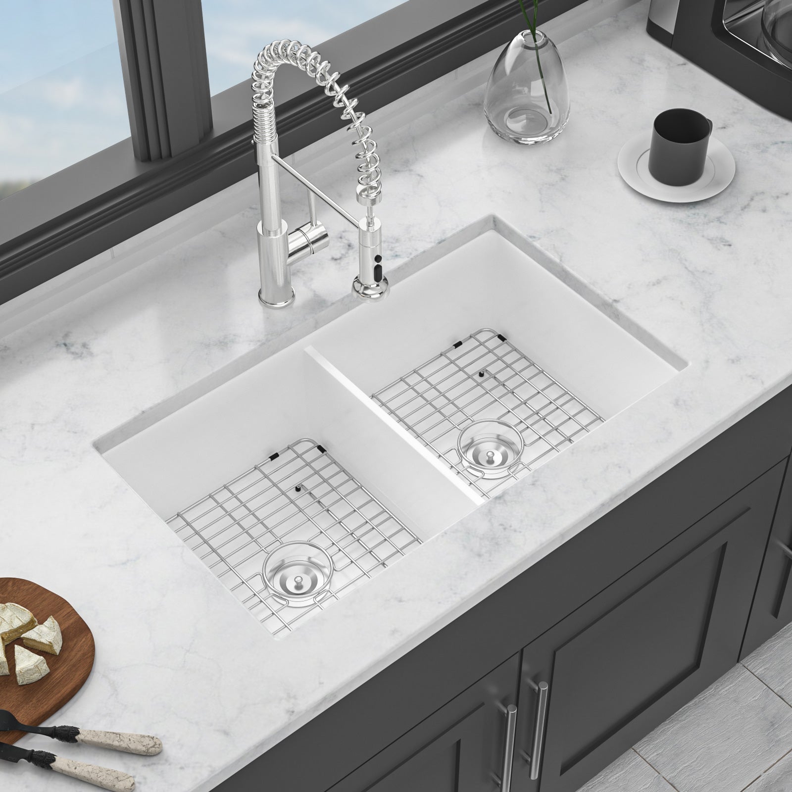 32"x19"x10" Undermount Double Bowl Fireclay Kitchen Sink
