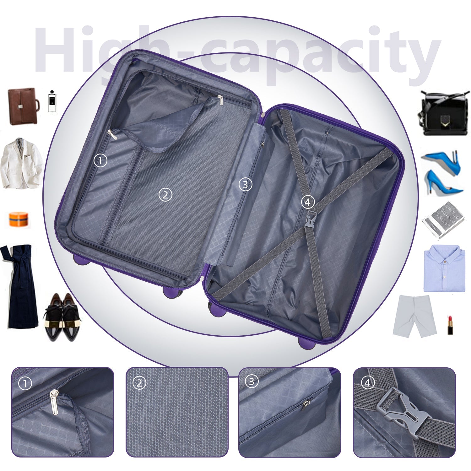 6-Piece Purple Expandable Hardshell Luggage Set with TSA Locks