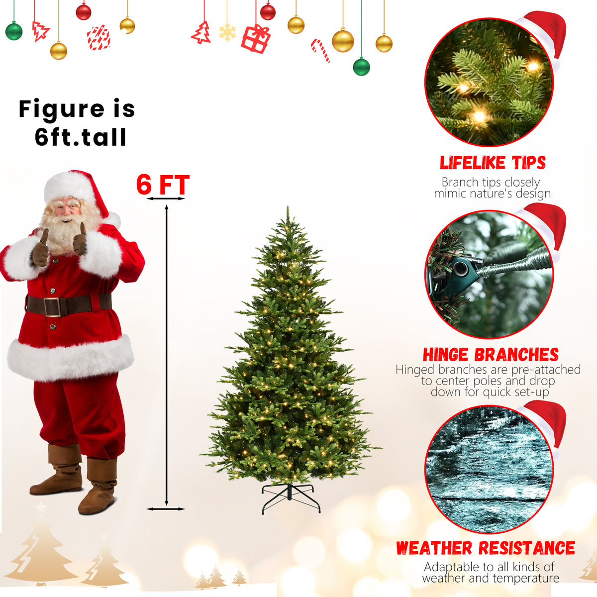 6-Foot Artificial Christmas Tree, Full Lush Shape, 1820 Tips, 350 Warm White LED Lights