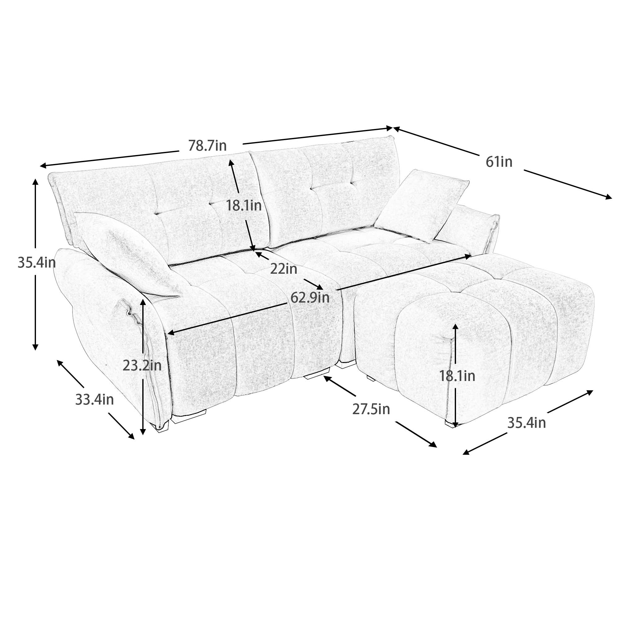Modern Chenille Fabric 2-Seater Sofa With Ottoman