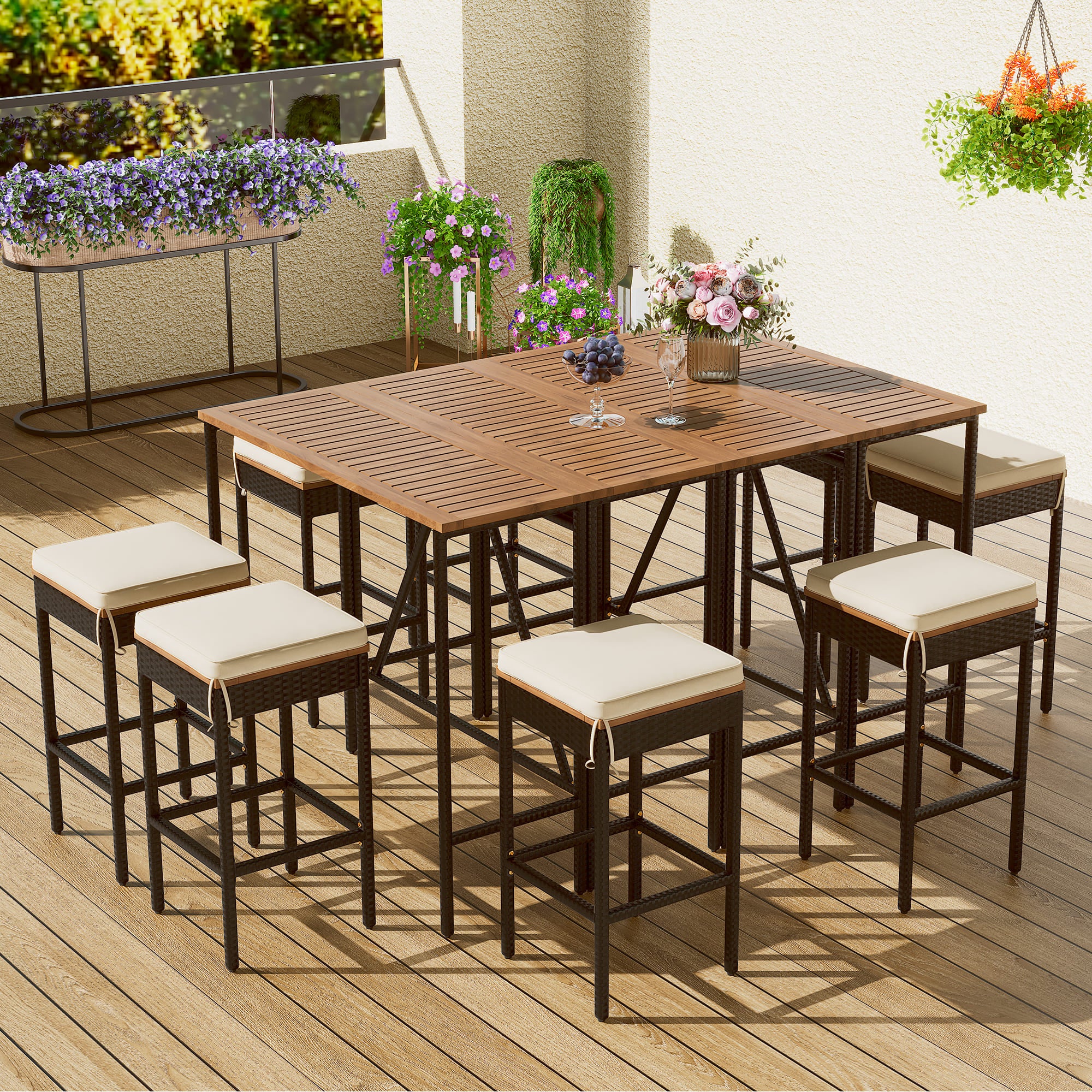 GO 10-Piece Outdoor Acacia Wood Bar Height Table And Stools Set