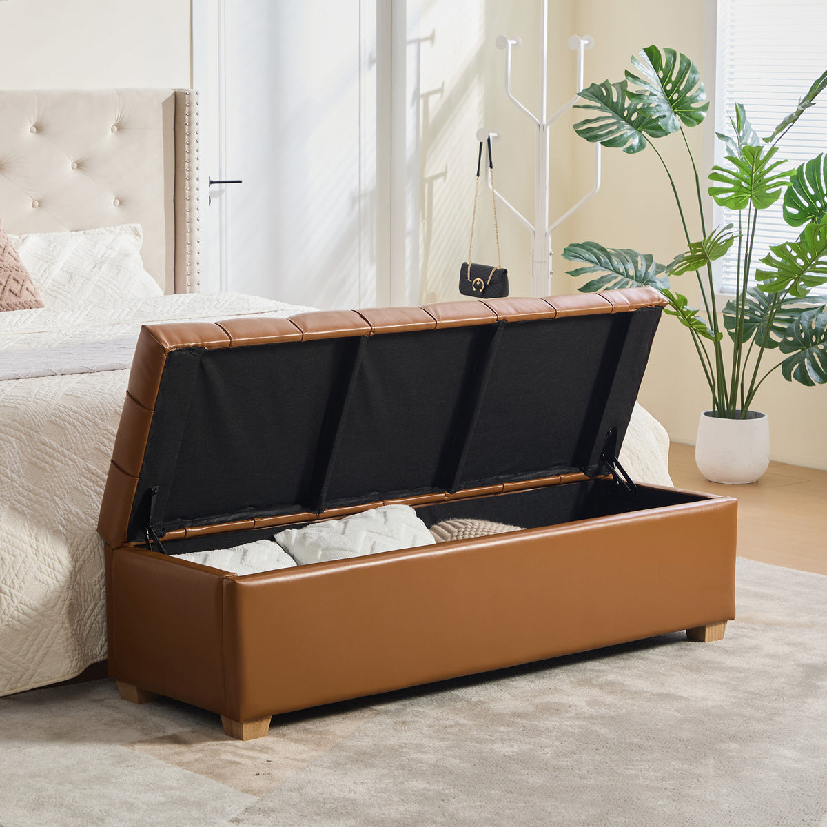 60.2-Inch Upholstered Storage Bench, Tufted Flip-Top, Burnt Brown