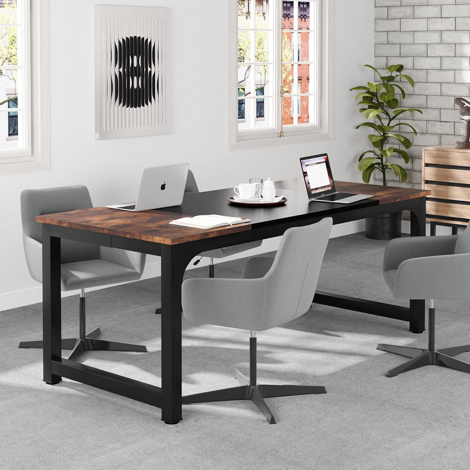 Executive Office Desk, Large Computer Workstation With Thick Frame - Brown / Black