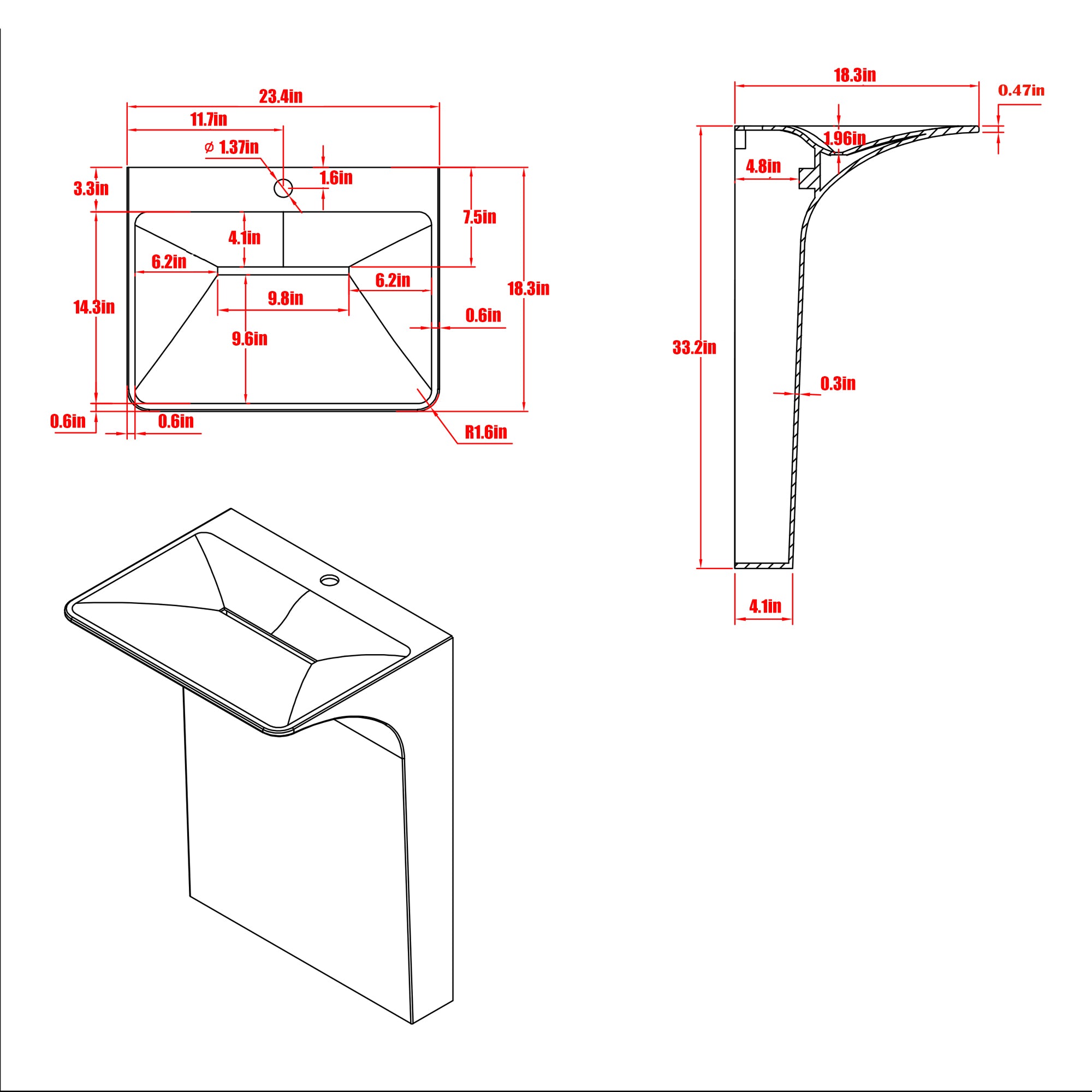 Modern Wall-Mounted Solid Surface Pedestal Sink