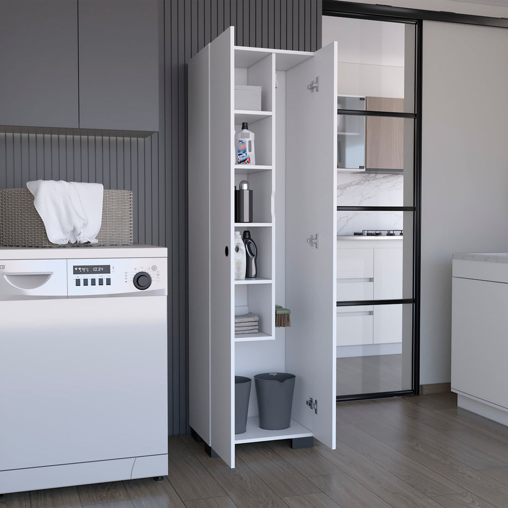 Attica Broom Cabinet Double-Door Design with Inner Shelves and Side Hangers