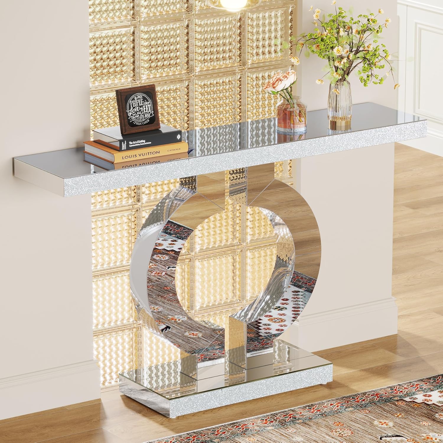 43" Modern Mirrored Console Table with O-Shaped Base