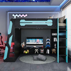 Full Size Wood Loft Bed with Desk, Multi-Storage Shelves and RGB Light, Cloud