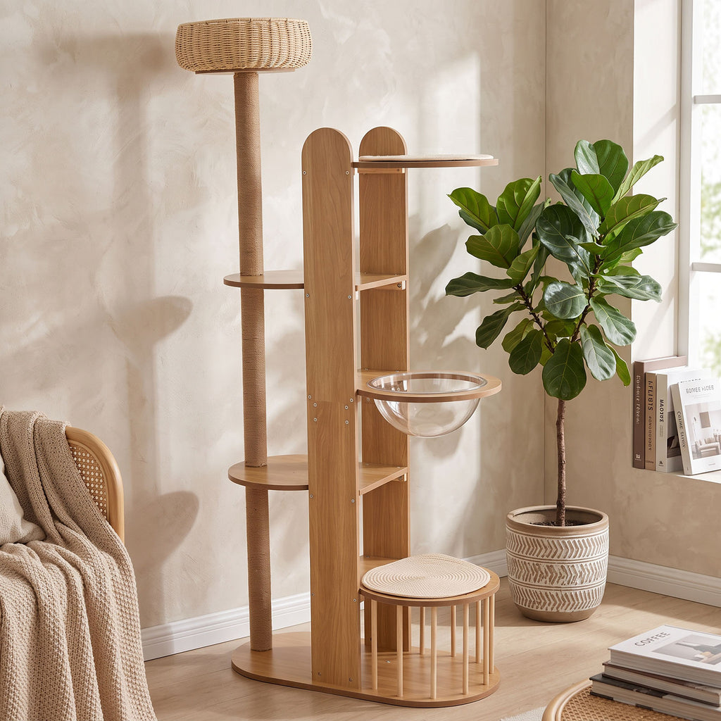 Multi-Level Wood Cat Tree Tower, 70.8" Tall Cat Activity Tree with Sisal Scratching Post, Space Capsule, Woven Top Bed & Fenced Cat House, Modern Indoor Cat Climbing Furniture