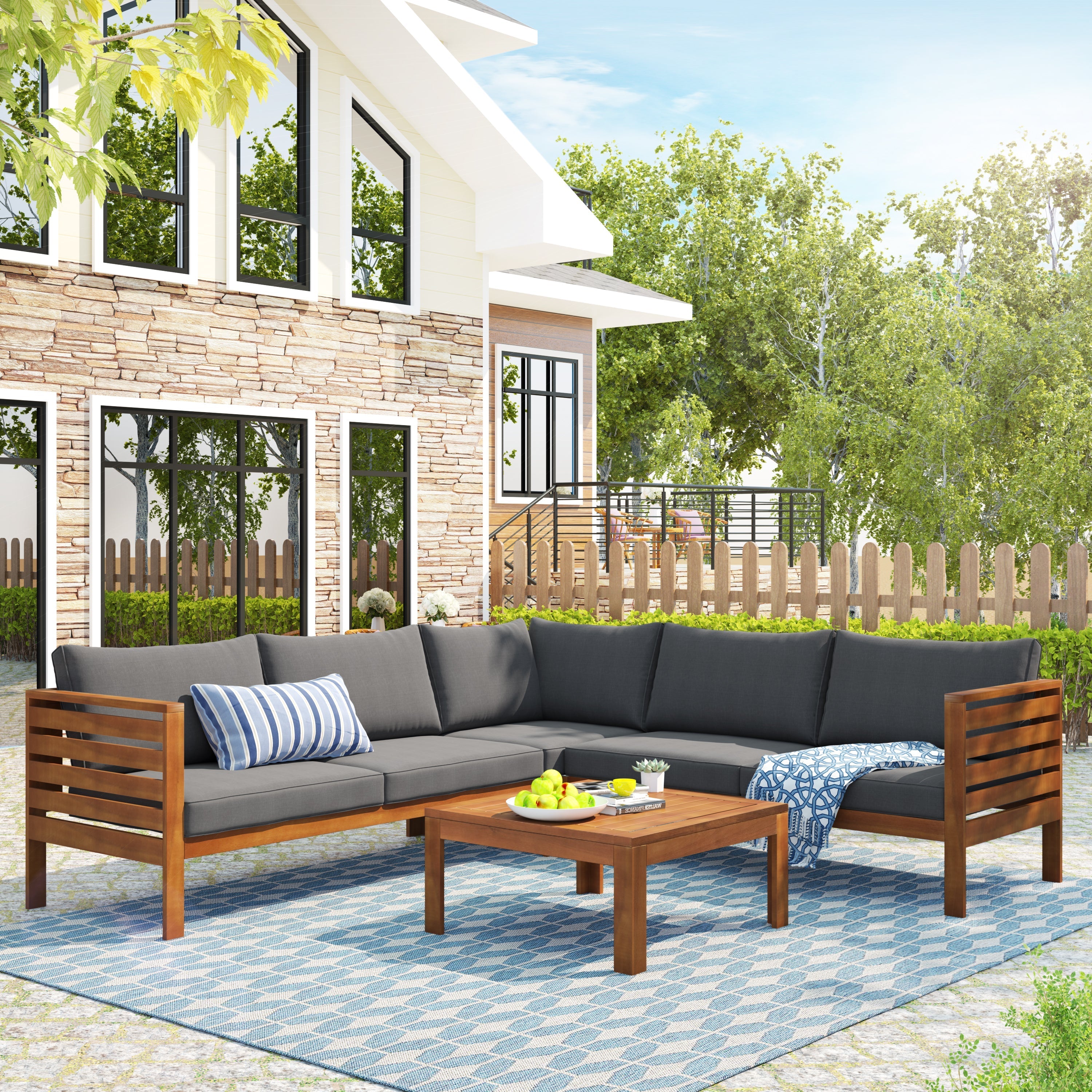 Wood Structure Outdoor Sofa Set with Gray Cushions