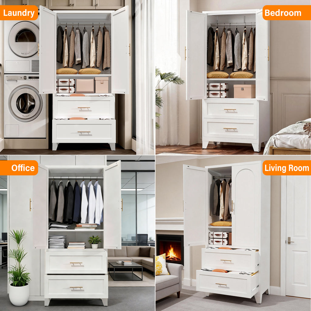 71" Tall Metal Wardrobe Cabinet with 2 Drawers and Hanging Rod