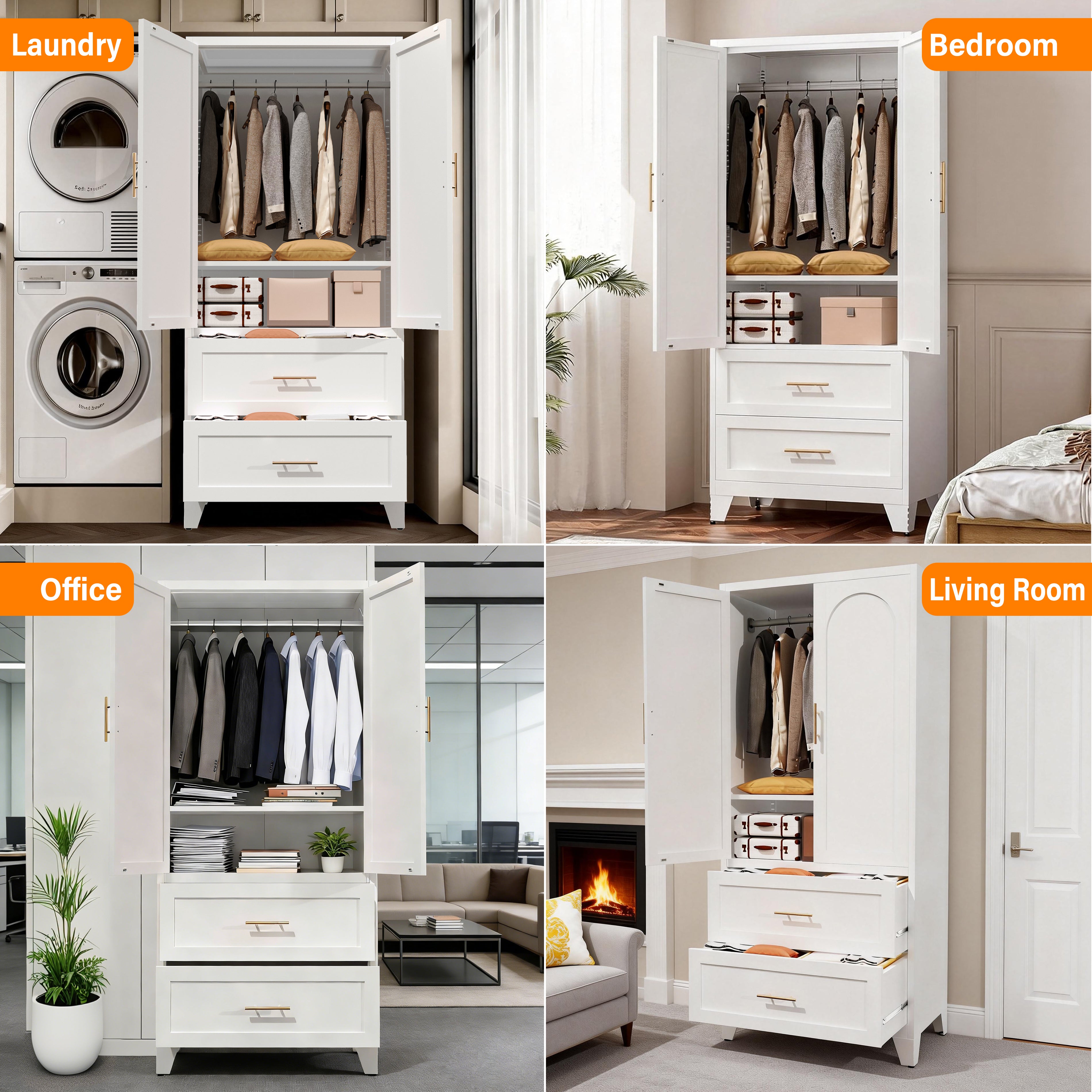 71" Tall Metal Wardrobe Cabinet with 2 Drawers and Hanging Rod