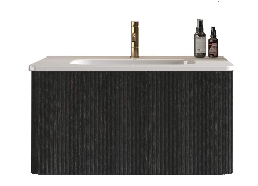 Etna 30-Inch Floating Bathroom Vanity, Black Melamine with White Ceramic Sink