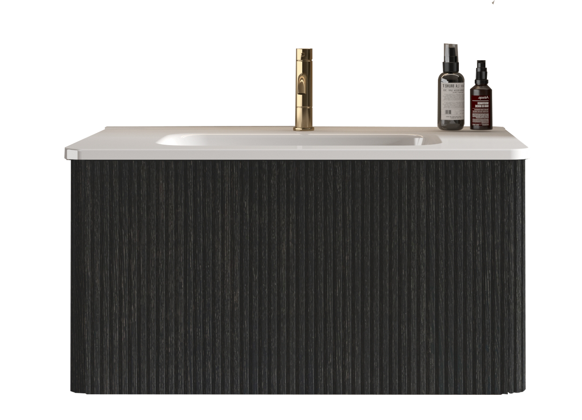 Etna 30-Inch Floating Bathroom Vanity, Black Melamine with White Ceramic Sink